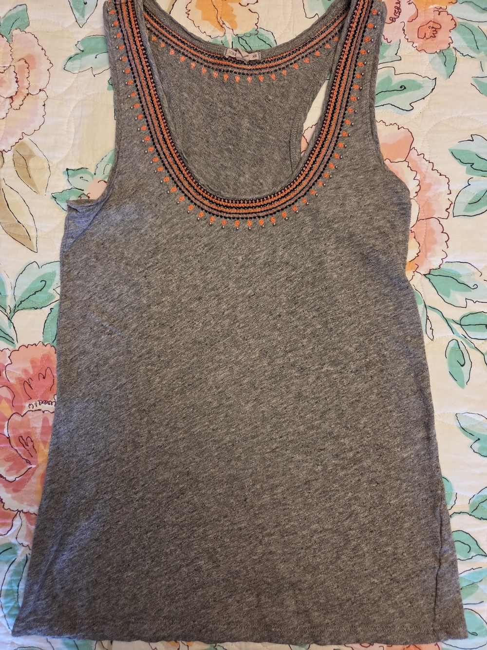 J. Crew Gray Tank Top with Coral Embroidered Scoop Neck Sz Xs